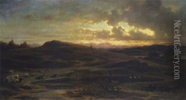 Gebirgslandschaft Bei Abendsonne Mit Hirten Oil Painting - Heinrich Freiherr von Pechmann