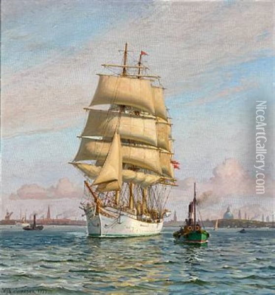 The Danish Training Ship Danmark In Copenhagen Harbour Oil Painting - Vilhelm Karl Ferdinand Arnesen