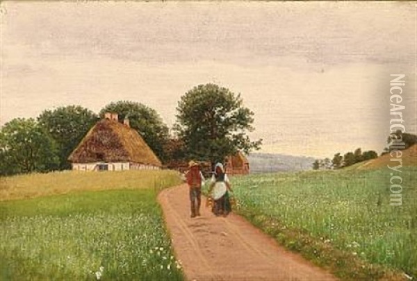 Danish Summer Landscape With Two Farmers Oil Painting - Hans Gabriel Friis