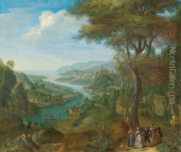 Bewaldete Fluslandschaft Mit Einer Burganlage Und Figuren Oil Painting - Jan Griffier the Elder