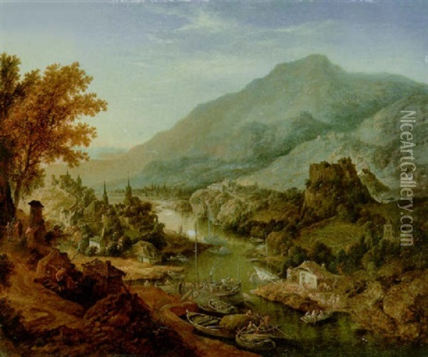 A Rhenish Lanscape With Peasants And Boats In The Foreground, A Town Beyond Oil Painting - Jan Griffier the Elder