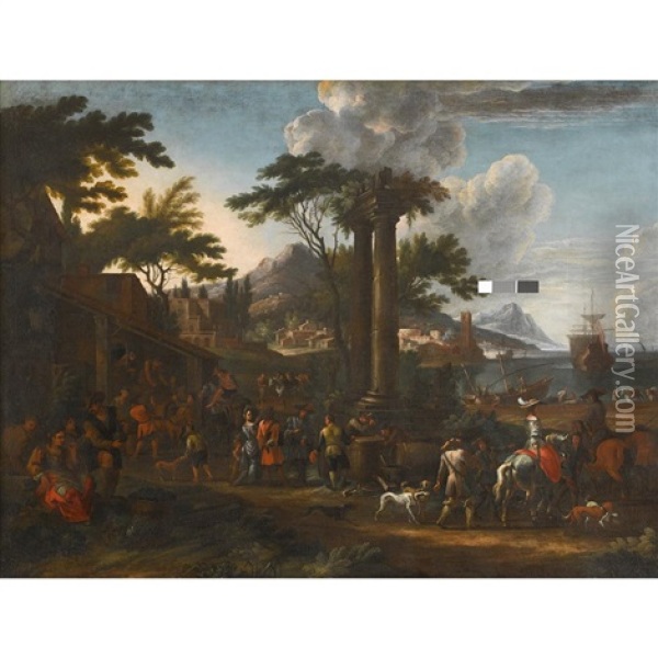 Italianate Landscape With Coopers, Hunters, And Other Figures By A Harbor Oil Painting - Hendrich van Minderhout