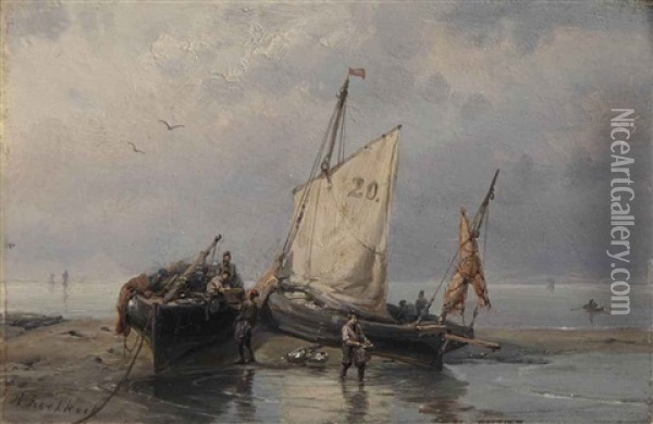 Unloading The Catch Oil Painting - Hermanus Willem Koekkoek