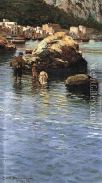 Fishermen In The Water Oil Painting - Carlo Brancaccio