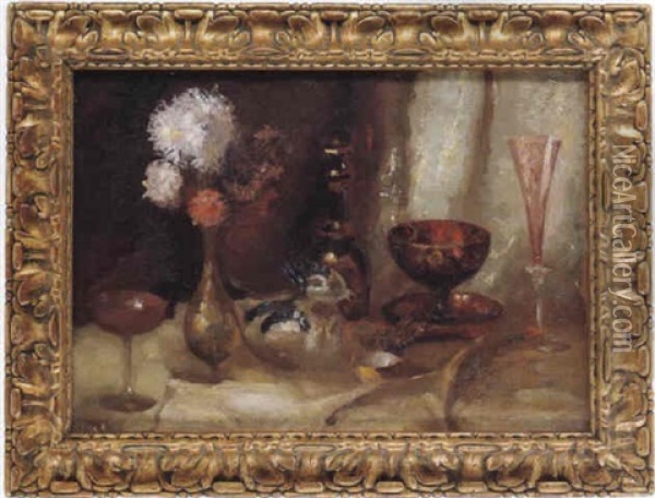 Glasvase Mit Blumenstrauss Und Verschiedenen Murano Glasern Oil Painting - Gino (Friedrich Pollak) Parin