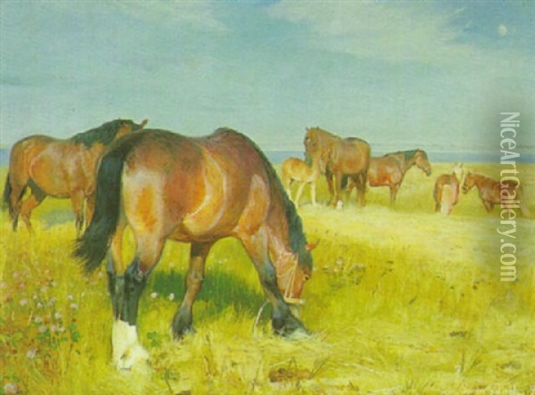 Horses In A Field Oil Painting - Soren Jorgensen Lund