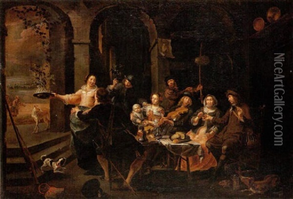 Scene De Banquet Avec Un Violoniste Oil Painting - Willem van Herp the Elder