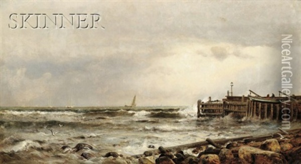 Pier Near The Beach, At Narragansett, Rhode Island Oil Painting - Arthur Quartley