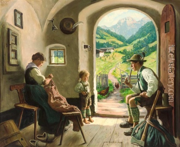 Junge Bauersfamilie In Tracht Am Feierabend Oil Painting - Emil Rau