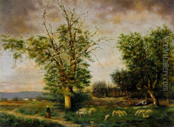 Landschaft Mit Weidender Schafherde Bei Dammerung Oil Painting - Jean Joseph Benjamin Constant