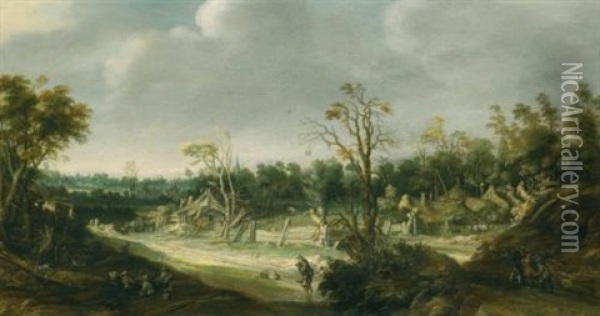 A Landscape With Travellers Near A Hamlet Oil Painting - Joachim Govertsz Camphuysen