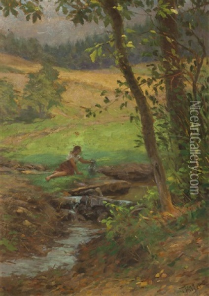 Madchen Am Bach Oil Painting - Theodor Hilser