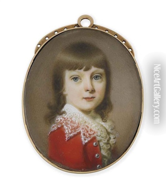 A Boy, In Red Coat With Silver Buttons, Pointed Lace Collar And Frilled Cravat, Fair Hair Oil Painting - Abraham Daniel