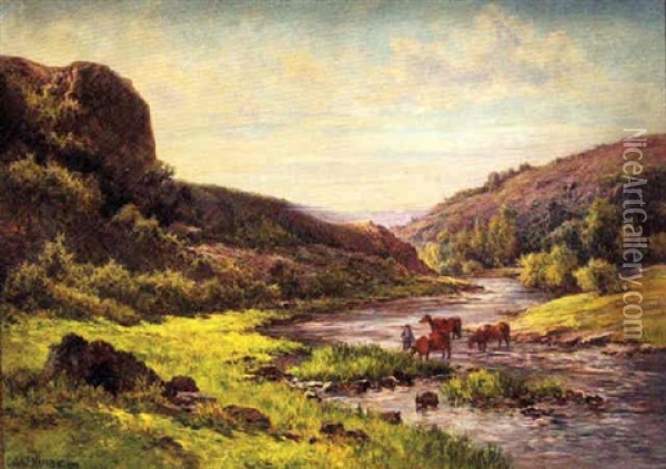 Cattle Watering In Mountainous Landscape Oil Painting - Gabriel Mathieu