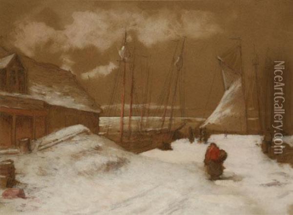 Snowy Wharf Oil Painting - Edgar Hewitt Nye