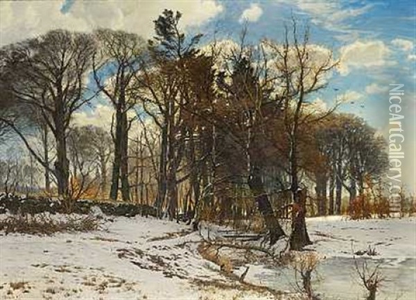 En Vinterdag Med Nogne Traeer, I Baggrunden Ses En Herregard Oil Painting - Thorvald Simeon Niss