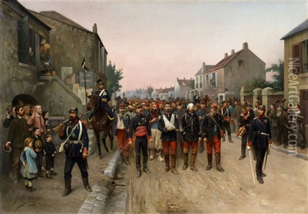 Prussian Soldiers Escorting French Prisoners Of War Oil Painting - Antoine Gabriel Gaston Claris