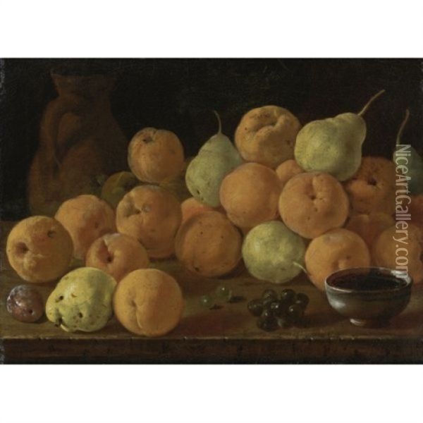 Still Life With Peaches, Pears And Grapes Oil Painting - Luis Melendez