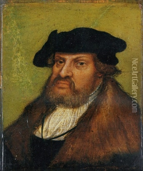 Portrait Of John The Steadfast, Elector Of Saxony, In A White Shirt, Fur-lined Coat And Black Hat Oil Painting - Lucas Cranach the Elder