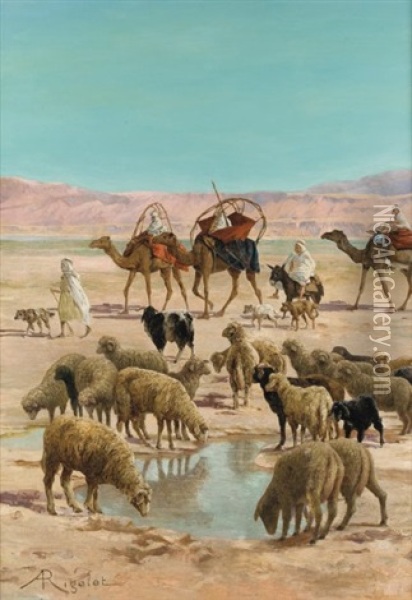 Moutons Dans L'oued Oil Painting - Albert Gabriel Rigolot