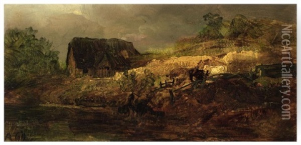 A Farmhouse By A River (oil Study) Oil Painting - Andreas Achenbach