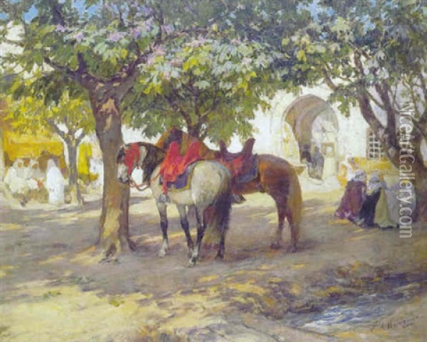 Devant Le Cafe A Biskra Oil Painting - Frederick Arthur Bridgman