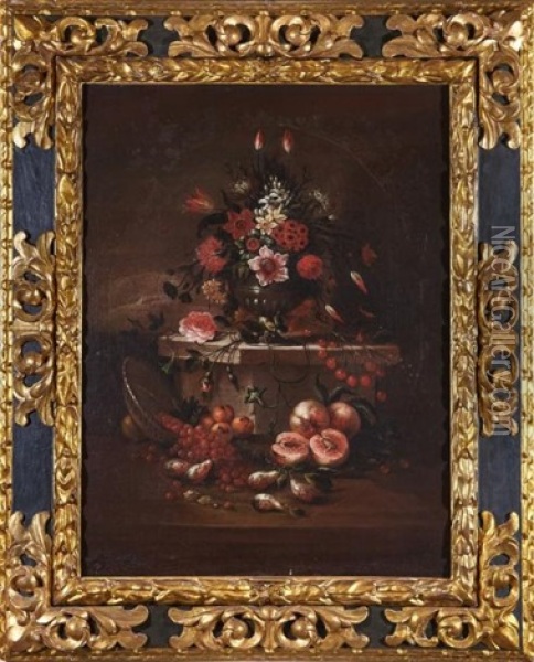 Vase De Fleurs Et Fruits Sur Fond De Paysage Oil Painting - Giacomo Nani