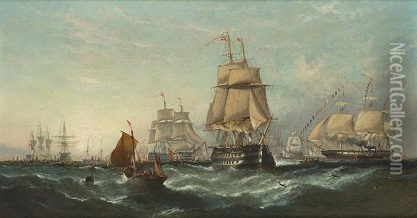 Morning - The Experimental 
Squadron Leaving Spithead, July 5th. 1845; A Breezy Morning In The Downs Oil Painting - William Calcott Knell