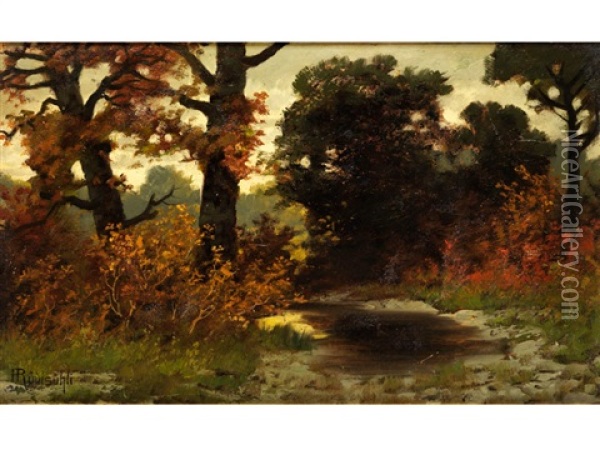 Herbstlich Verfarbte Baume Am Waldrand Mit Kleinem Wassertumpel Im Spatlicht Oil Painting - Traugott Hermann Ruedisuehli