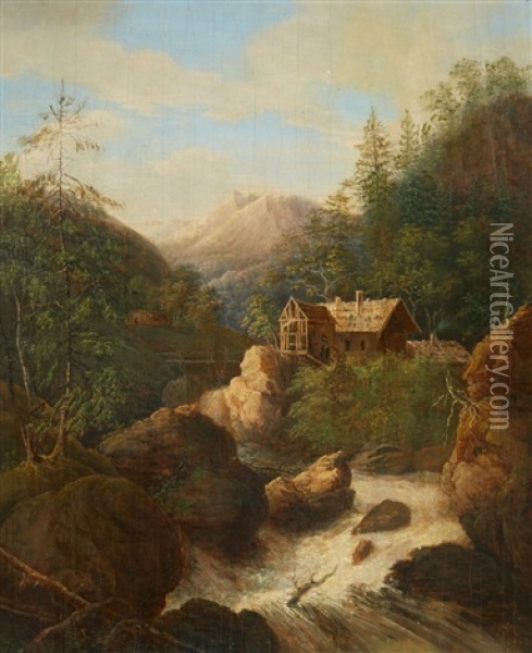 A Mountainous Landscape With A Mill Oil Painting - Johann Jakob Dorner the Younger