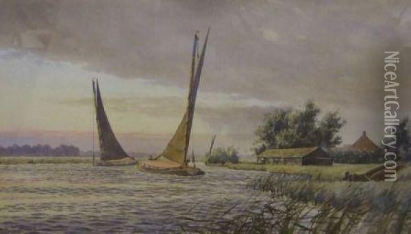 Wherries On The Broads Oil Painting - Stephen John Batchelder