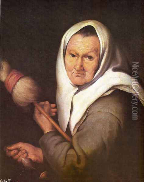 Old Woman with a Distaff Oil Painting - Bartolome Esteban Murillo