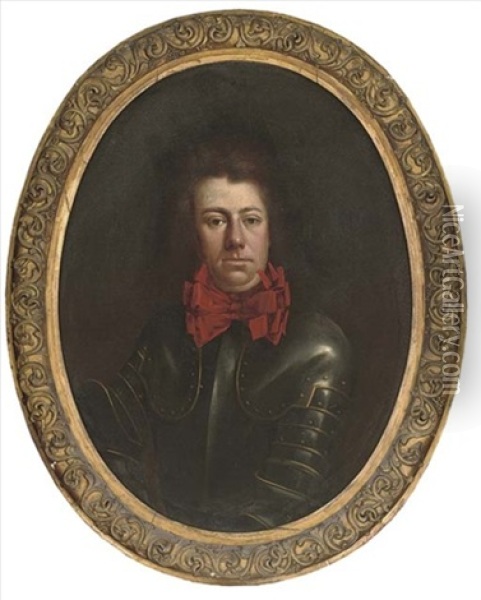 Portrait Of A Gentleman, Half-length, In A Breast Plate And Pouldrons, With A Triple Red Bow Oil Painting - Henri Gascars