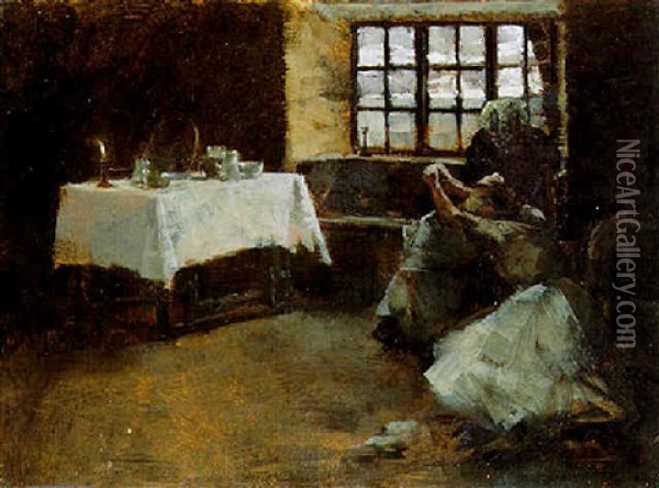 Two Women In An Interior Oil Painting - Frank Bramley