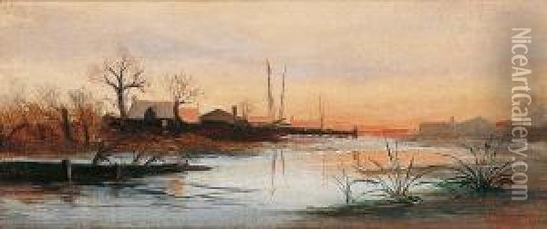 Bord De Lescaut Au Soleil Couchant Oil Painting - John Henry Mohrmann