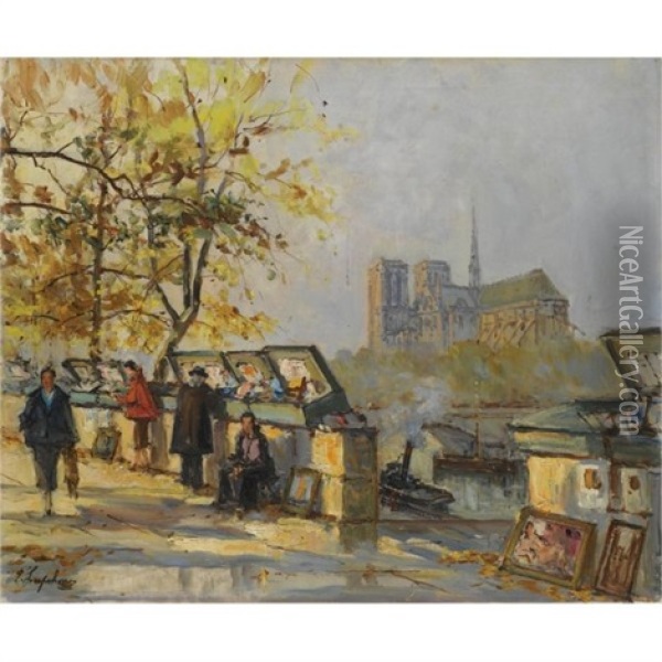 Book Sellers Along The Seine Oil Painting - Georgi Alexandrovich Lapchine