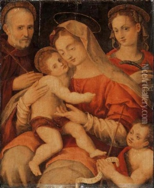 The Madonna And Child With Saints John Gualberto, Catherine Of Alexandria And The Youthful Baptist Oil Painting - Francesco Brini