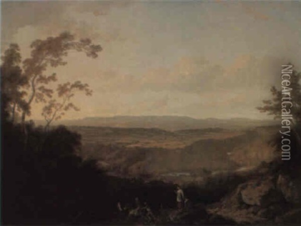 The Valley Of The Wye, Looking Towards Chepstow And Piercefield Oil Painting - Julius Caesar Ibbetson