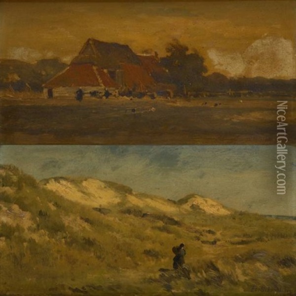 Dunes Et Ferme Animee (2 Works) Oil Painting - Edmond De Schampheleer