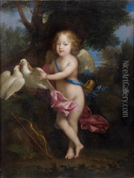 Portrait D'un Jeune Garcon En Cupidon Jouant Avec Des Colombes Oil Painting - Jean Nocret