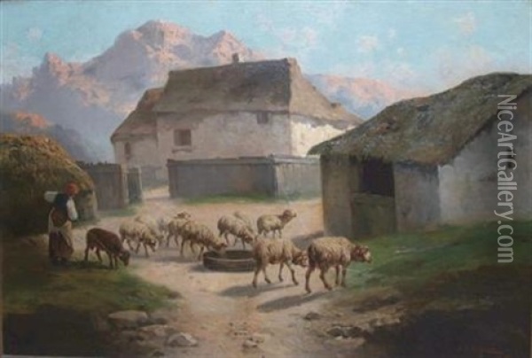 Sheep Grazing Before A Barn And Mountain Landscape Oil Painting - John (Giovanni) Califano