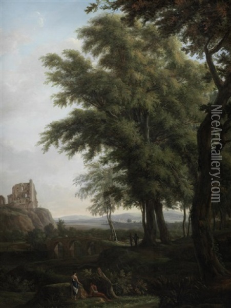 Figures In A Classical Landscape, With Chepstow Castle On The Horizon Oil Painting - Hendrik Frans de Cort