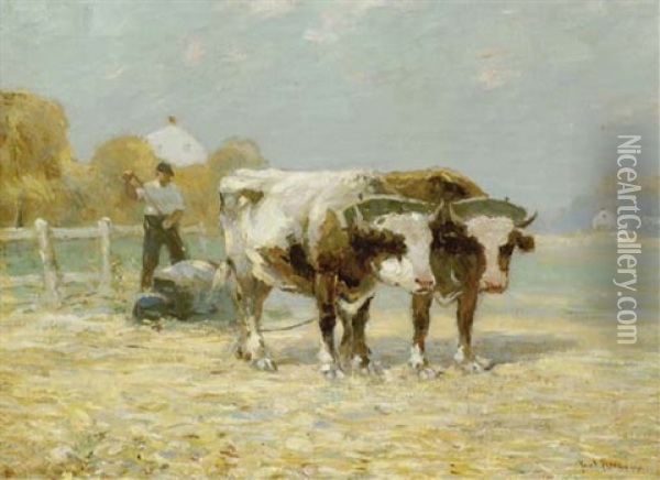 Figure Harvesting With Yoked Oxen Oil Painting - Paul Bernard King