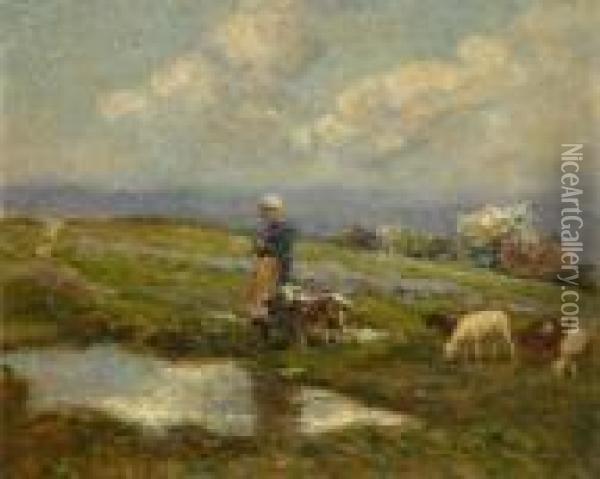 Bergere Et Ses Moutons Pres D'une Mare Oil Painting - Fernand Maillaud