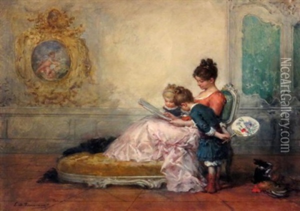 Reading To The Children And A Special Treat: Two Oil Painting - Charles Edouard de Beaumont