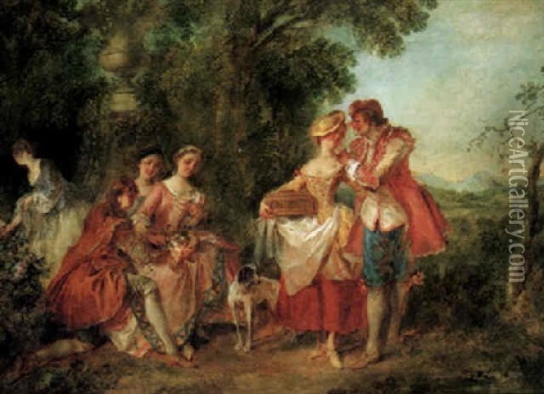 A Fete Champetre With Figures Conversing In A Parkland Setting Oil Painting - Nicolas Lancret