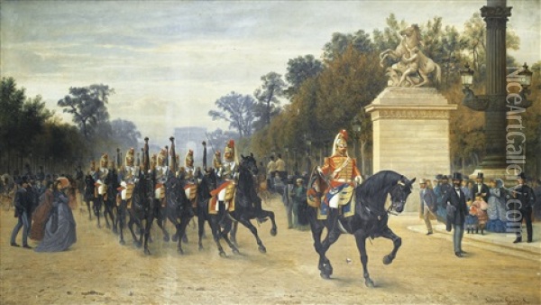 Le Peloton Des Etendards Des Cent-gardes Revenant De La Revue Sur Les Champs-elysees Oil Painting - Albert Girard