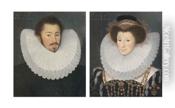 Portrait Of A Gentleman, Bust-length, In A Black Doublet And Cartwheel Ruff; And Portrait Of A Noblewoman, Bust-length, In A Black Jewelled Brocade Gown And Figure-of-eight Ruff Oil Painting - John Bettes the Younger