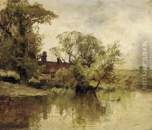 A Riverside Farm Oil Painting - Alfred de Breanski