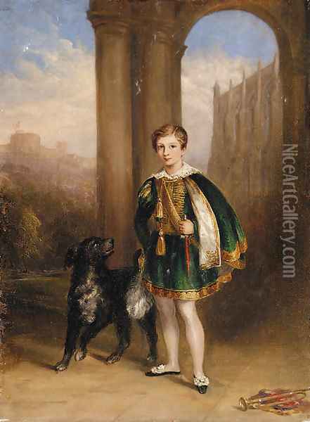 A boy in montem dress, with a dog at his side by Eton College chapel, with Windsor Castle beyond Oil Painting - English School